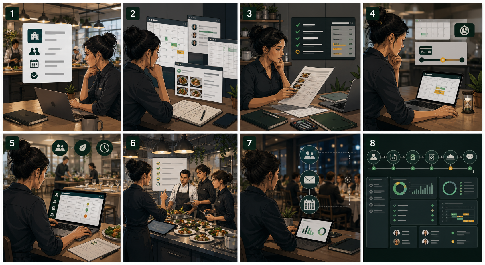 Eight-panel editorial comic showing a culinary event lead managing enquiry, availability, quote, date hold, guest details, delivery, follow-up risk, and a final operations dashboard.